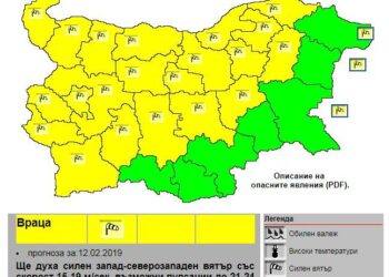 Жълт код за силни пориви на вятъра във Враца