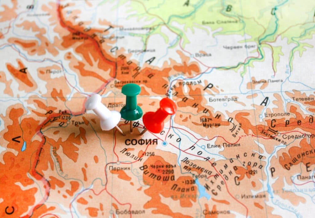 close up pins and map of sofia bulgaria t20 LOKWzY