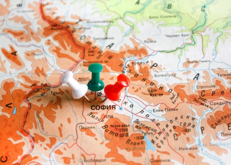 close up pins and map of sofia bulgaria t20 LOKWzY